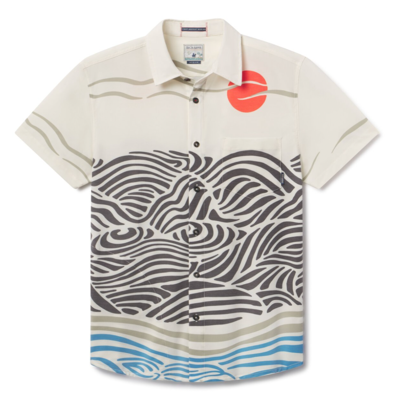 Flat lay of Red Sun Over Black Hills Vagabond recycled travel button-up shirt with bold print