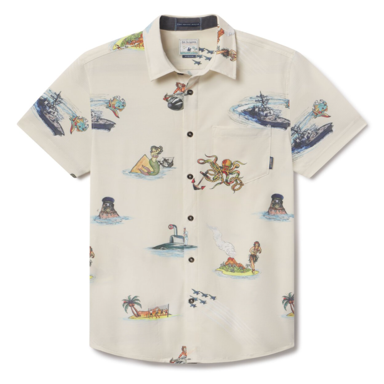 Flat lay of Sailor Stories Cream Vagabond recycled travel button-up shirt with bold print