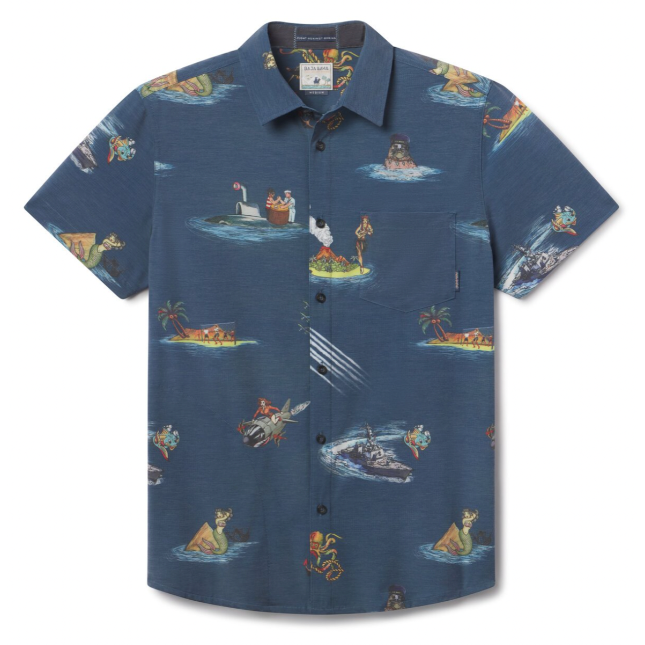 Flat lay of Sailor Stories Navy Vagabond recycled travel button-up shirt with bold print