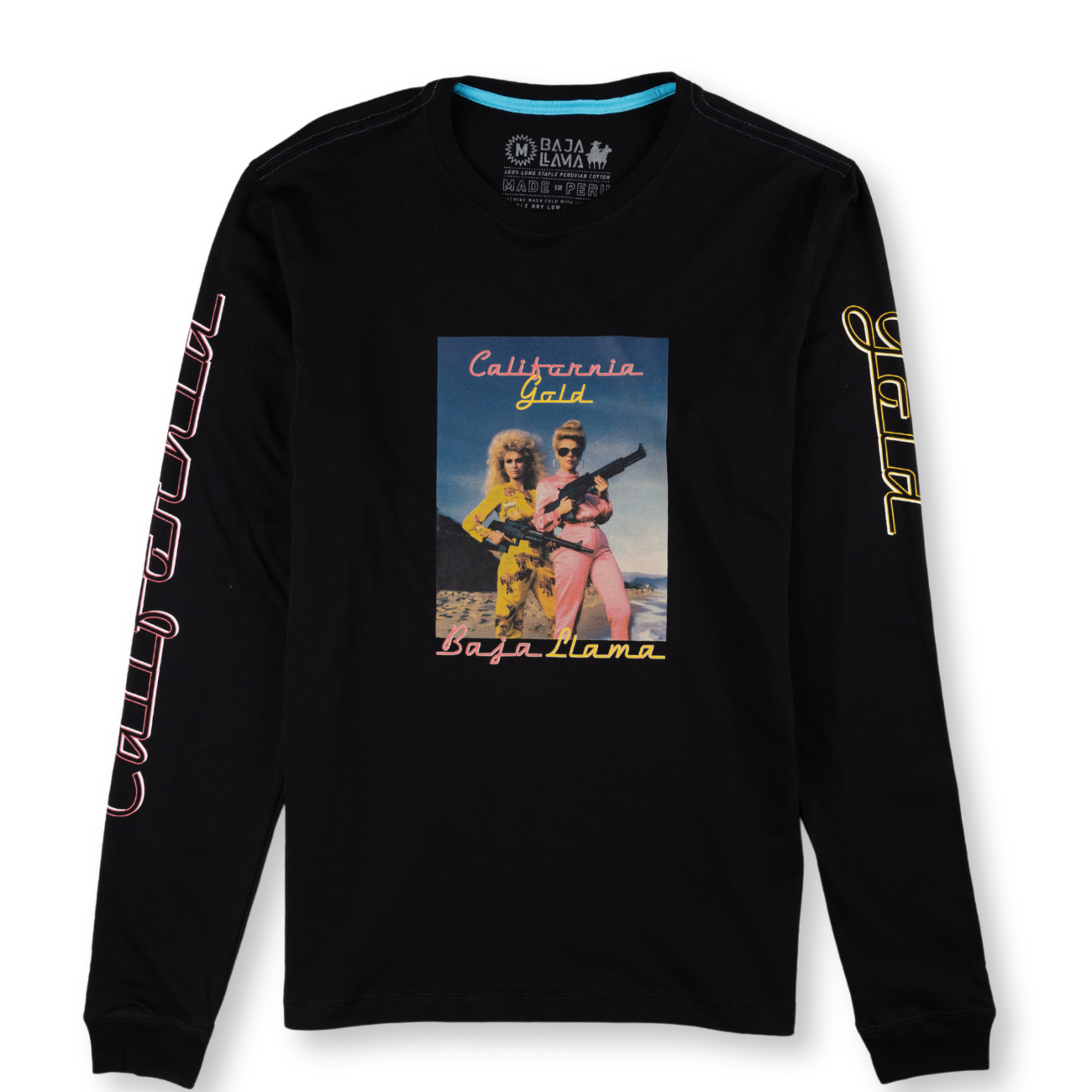 Baja Llama black long sleeve tee featuring a bold retro photo graphic with “California Gold” text. Vintage-inspired design with attitude.