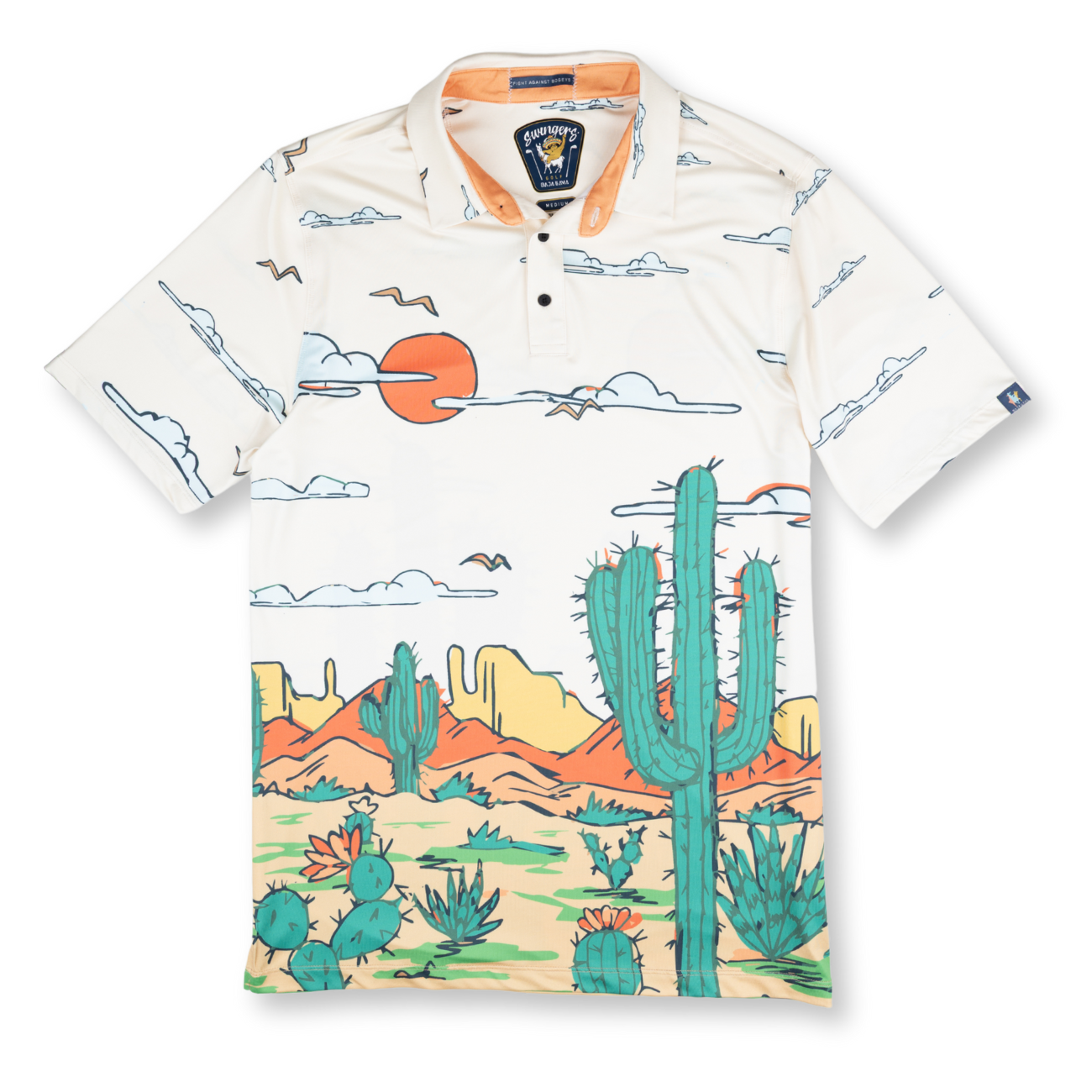 Baja Llama Desert-themed performance polo with bold cactus and sunset print. Breathable, lightweight, and made for standout style.