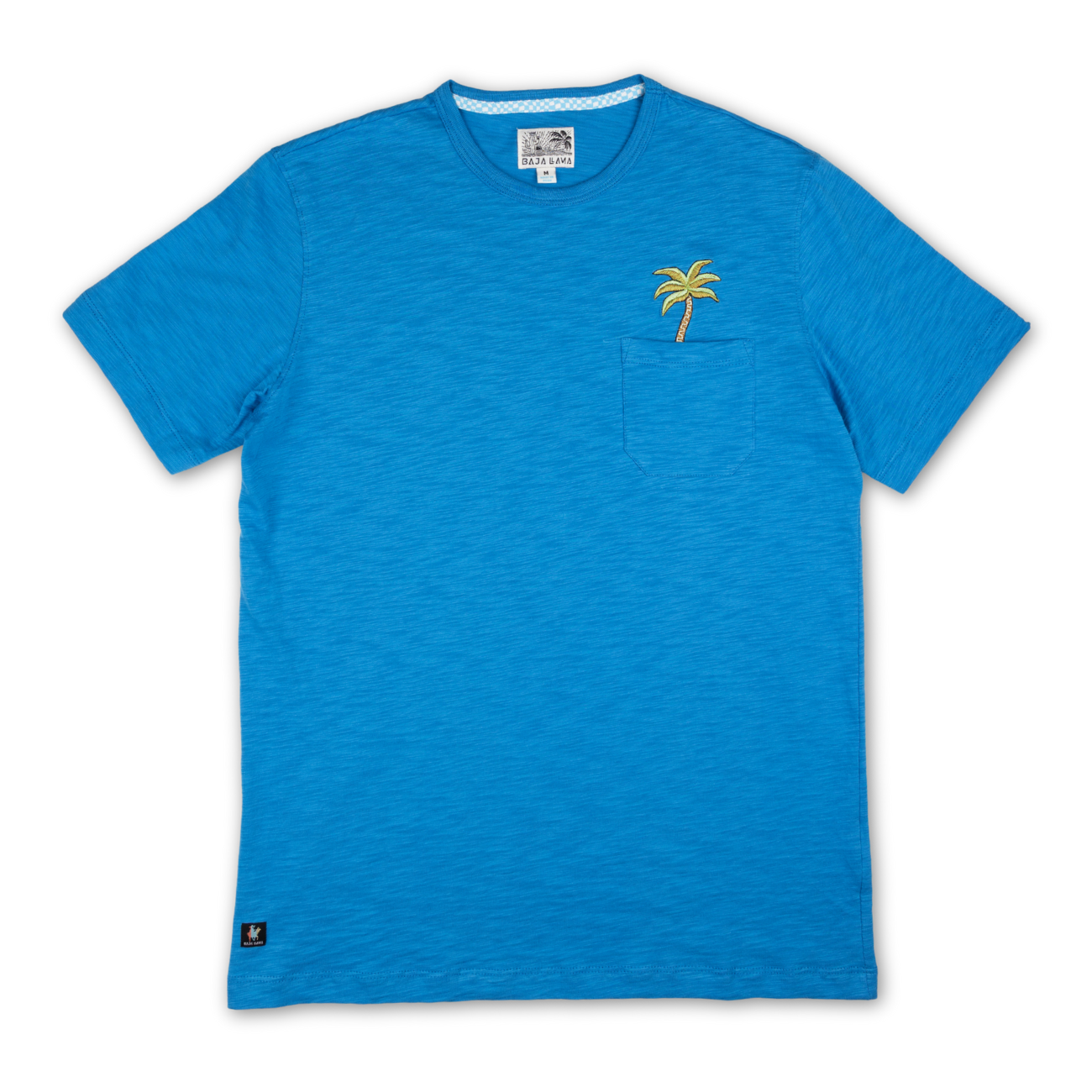 A blue t-shirt with a small embroidered palm tree design on the chest pocket area.