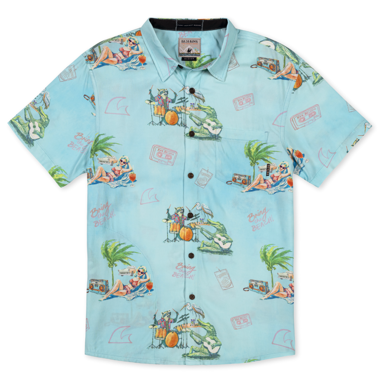Baja Llama Green animal print viscose party short sleeve button up shirt
