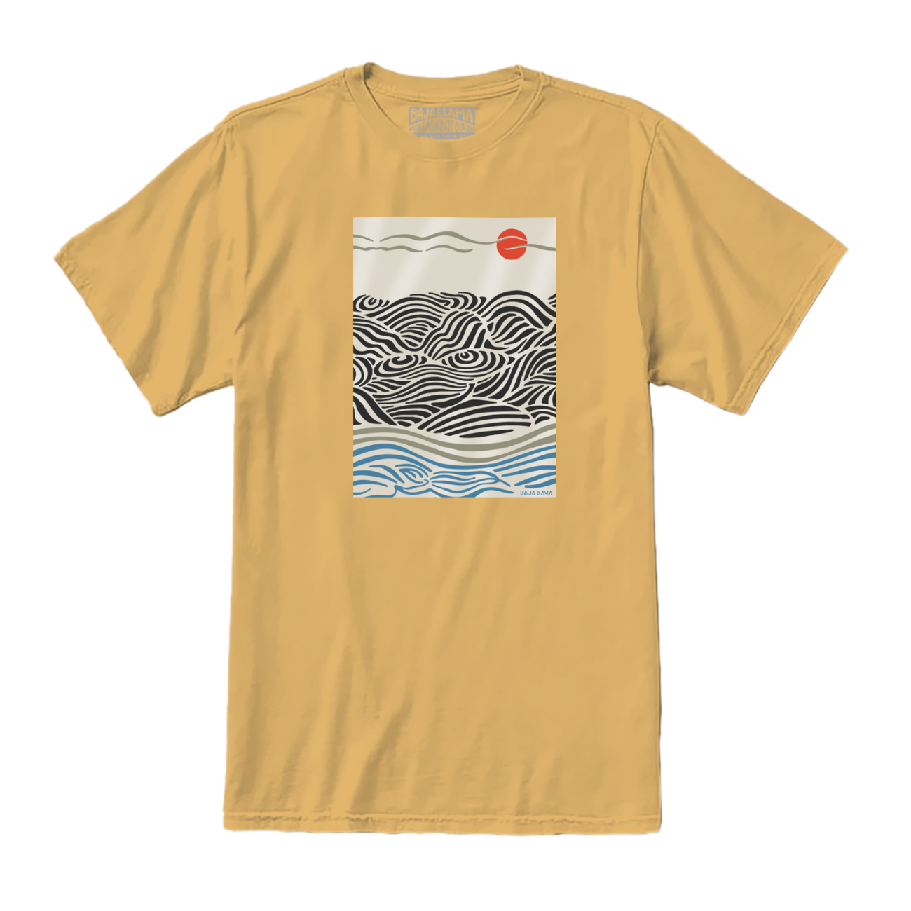 Baja Llama Red Sun Primo Graphic Tee – Yellow T-shirt with Artistic Black and White Wave Print, Red Sun Accent, and Blue Ocean Detail – Premium Peruvian Cotton Crewneck for Men – Eco-Friendly, Soft-Touch Graphic Tee for Casual and Outdoor Wear
