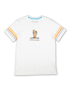 Men’s off-white graphic t-shirt featuring a colorful vulture illustration and ‘Baja Llama’ text. Retro-style striped sleeves with orange, blue, and white detailing. Soft, breathable cotton for casual comfort.