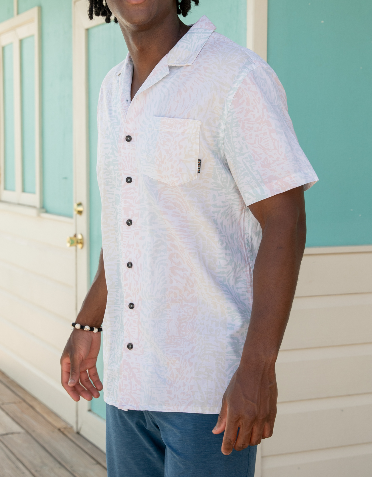 Baja Llama Pastel Stripe Leopard Print Cotton Viscose short sleeve button up shirt