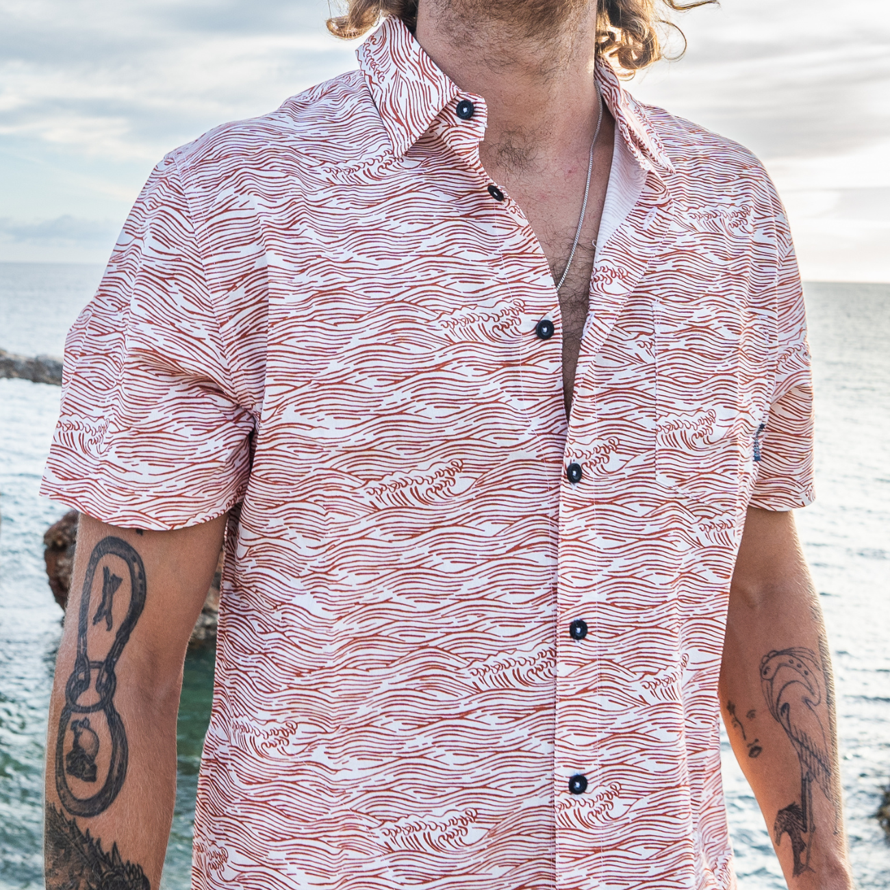 Baja Llama burnt orange wave Print Cotton Viscose short sleeve button up shirt