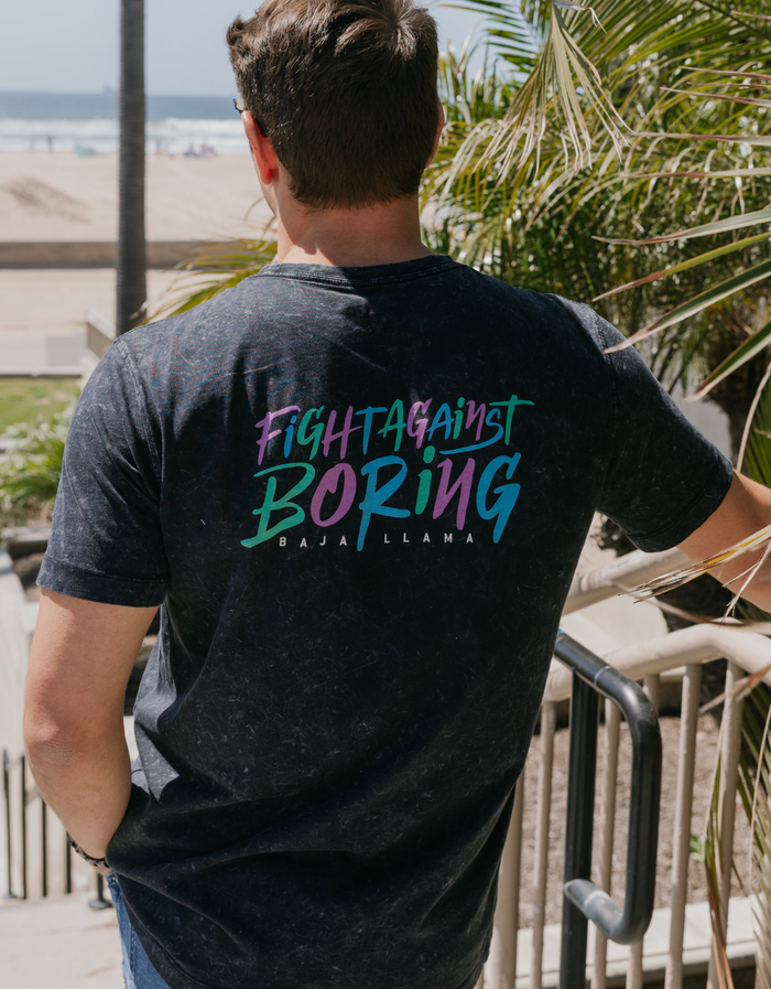 Baja Llama graphic t-shirt in retro black, "Fight Against Boring" back print, men's casual lifestyle t-shirt