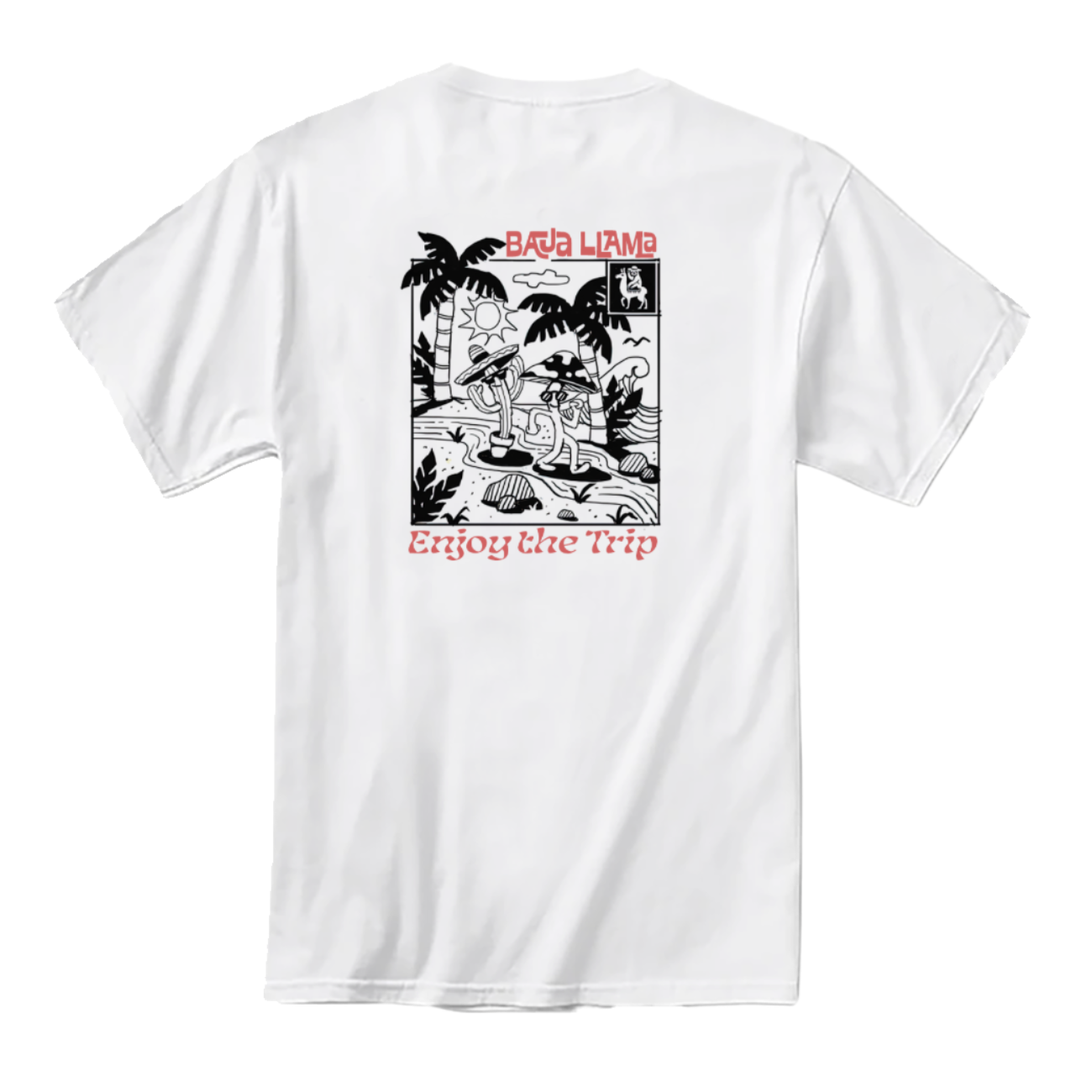 Enjoy the Trip Primo Graphic Tee by Baja Llama – White Adventure-Inspired T-Shirt with Surfer Cartoon Print and Tropical Island Design