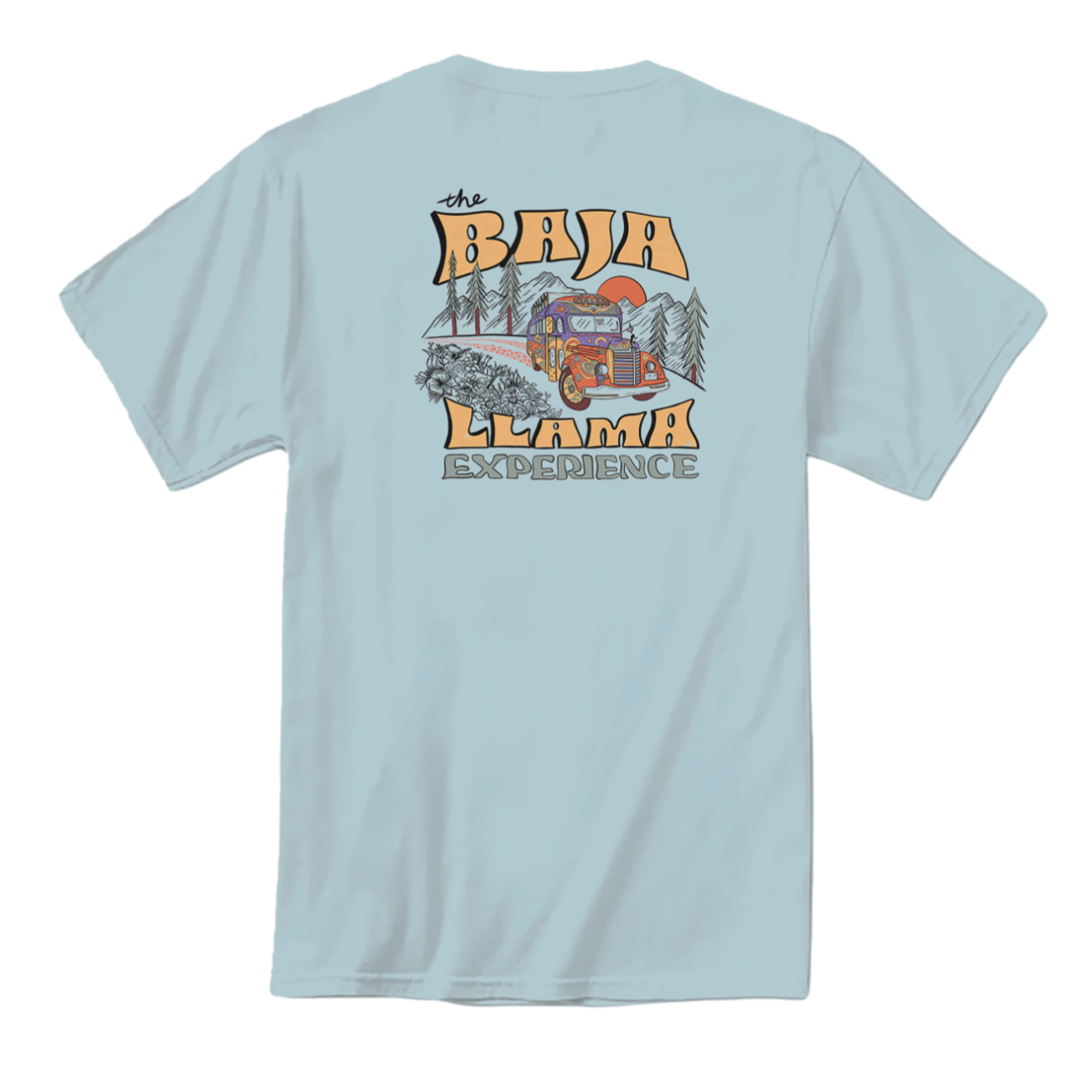 Bus Experience graphic tee by Baja Llama. Light teal tee with a retro bus design. Soft fabric and relaxed fit, perfect for laid-back, adventurous style.