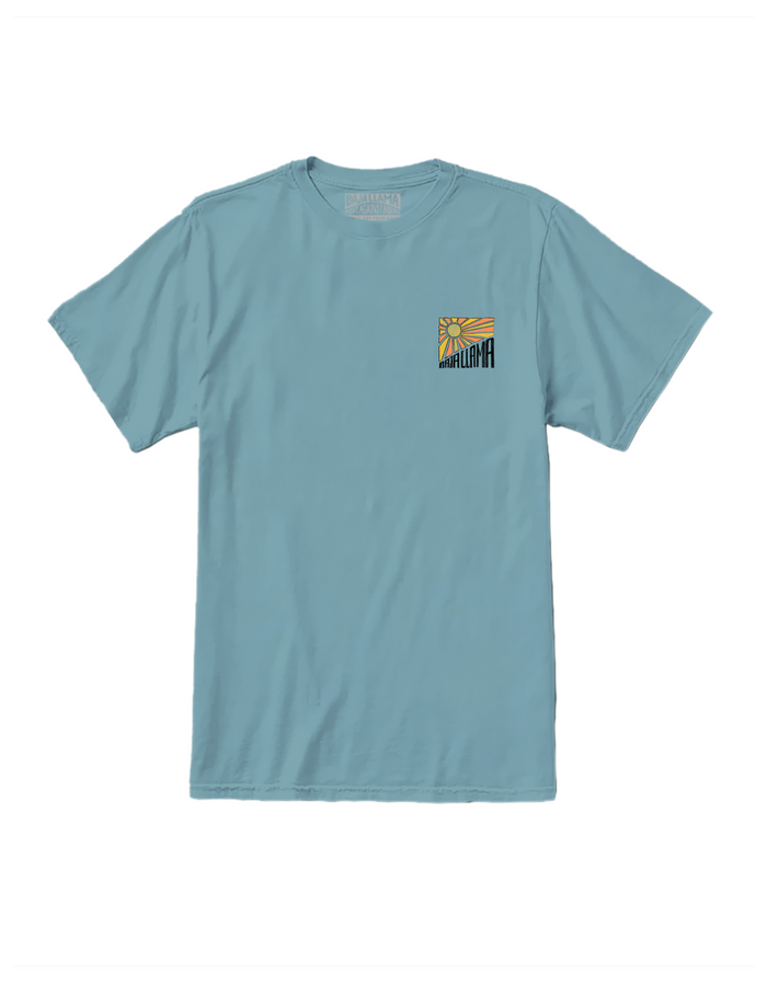 Baja Llama Take A Hike Primo Graphic Tee in blue featuring front chest sunset logo