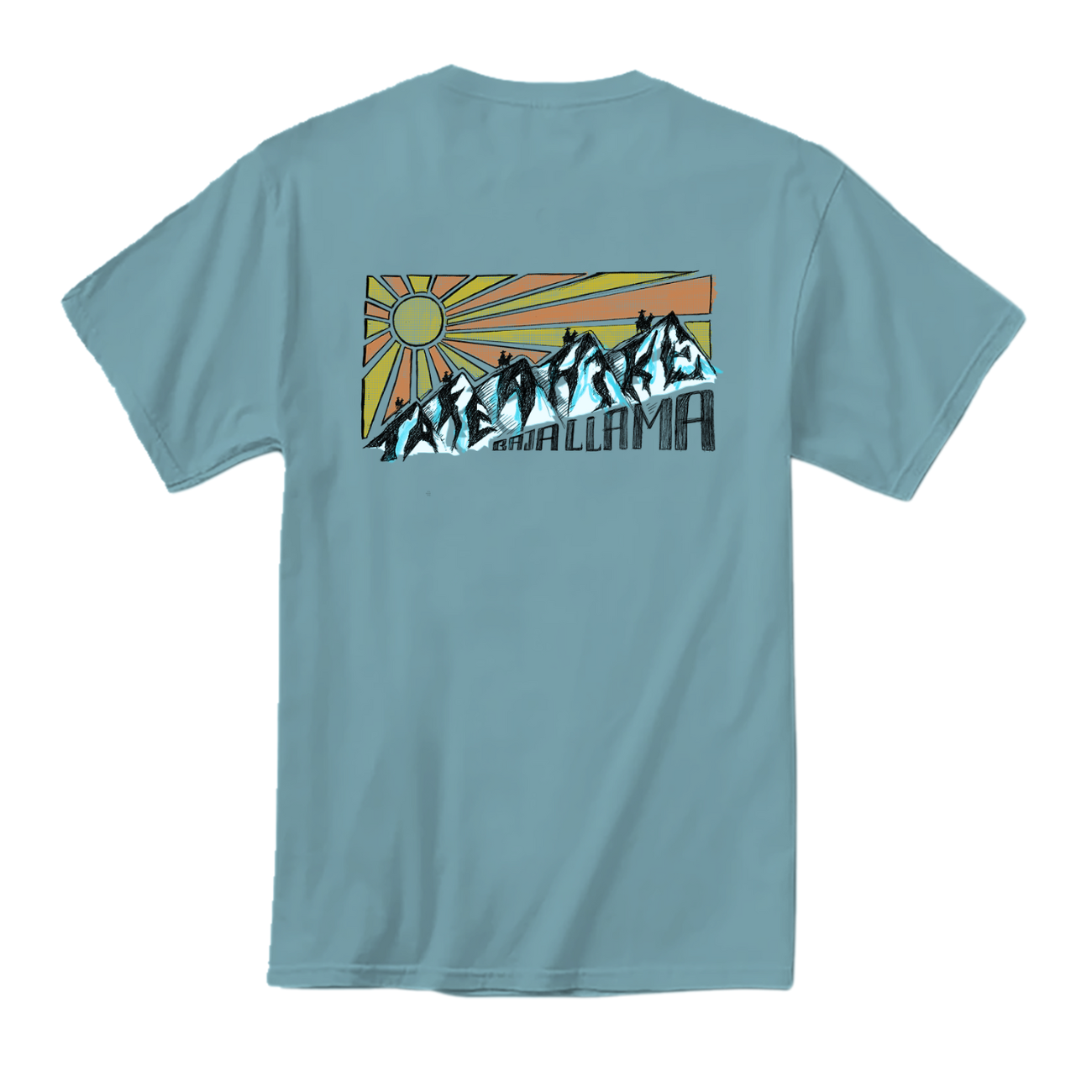 Take A Hike Primo Graphic Tee by Baja Llama – Blue t-shirt featuring retro sunset and mountain hiking artwork for outdoor lovers and adventure seekers
