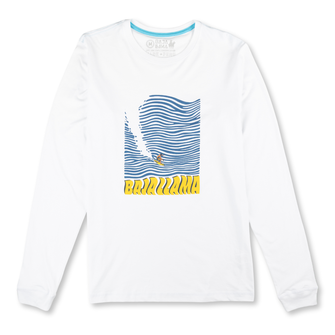 Baja Llama white long sleeve tee with bold wave graphic and yellow Baja Llama logo. Lightweight and perfect for laid-back surf vibes.