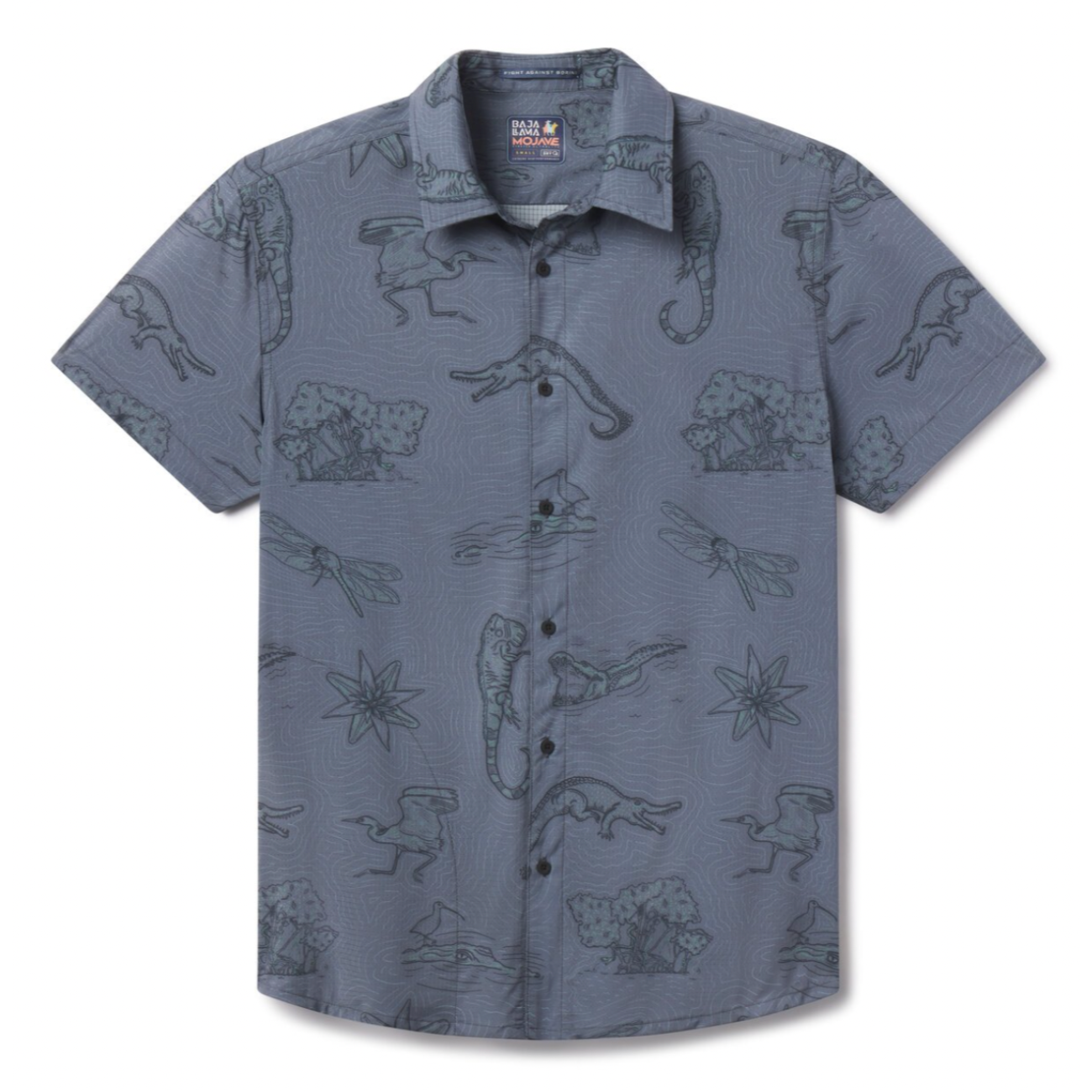 Flat lay of El Manglar Mojave Button Up ultralight travel button-up shirt topographic and wildlife line art