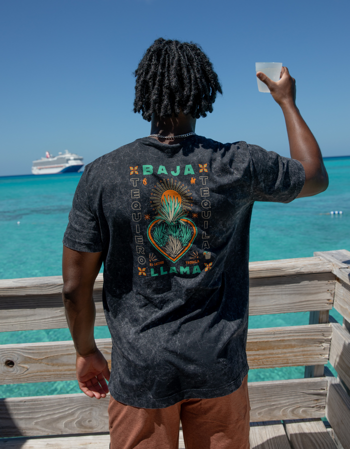 Back lifestyle view of Agave El Sativo black acid wash tee overlooking turquoise water