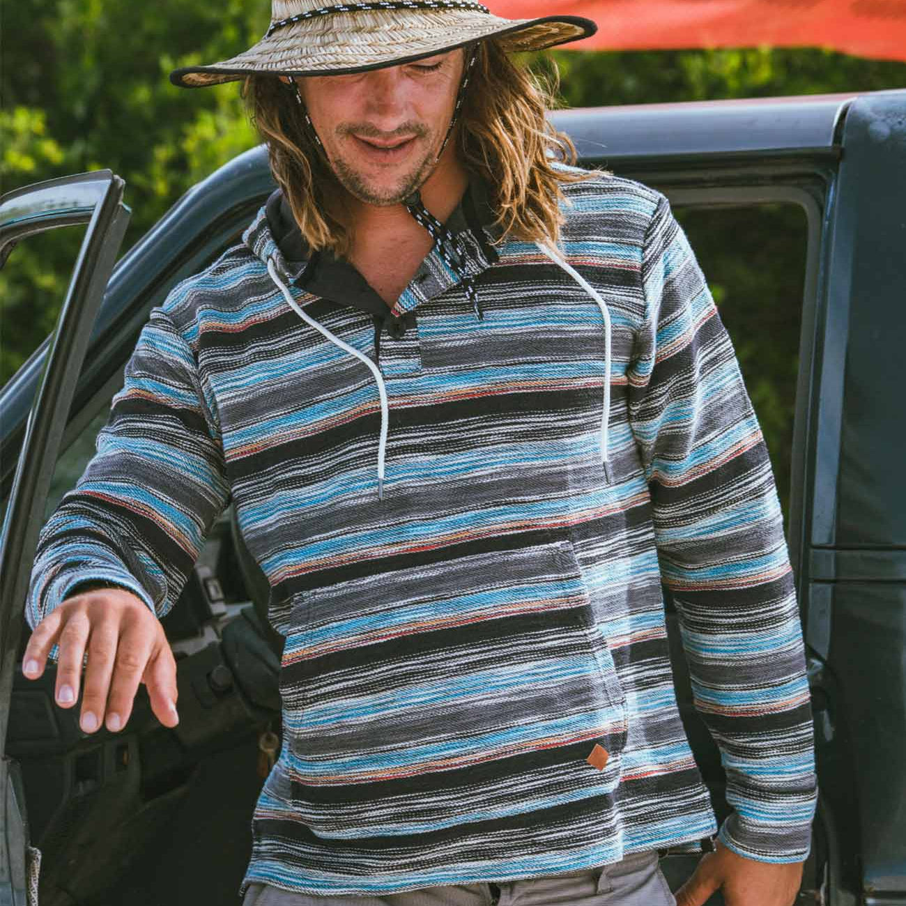 Baja Llama Black and Blue mexican style cotton poncho