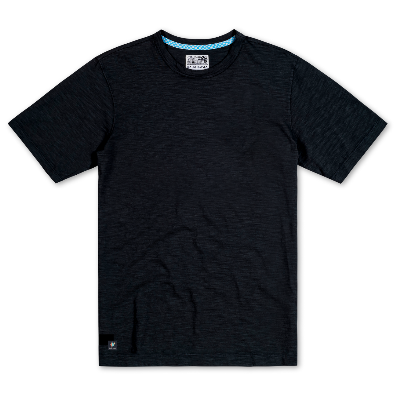 Baja Llama Solid Black Slub Pima Tee – Black crewneck T-shirt made from ultra-premium Peruvian cotton with textured slub finish – Displayed flat with woven neck label and signature Sloth Llama patch near hem – Lightweight, breathable, and eco-friendly casual wear for men