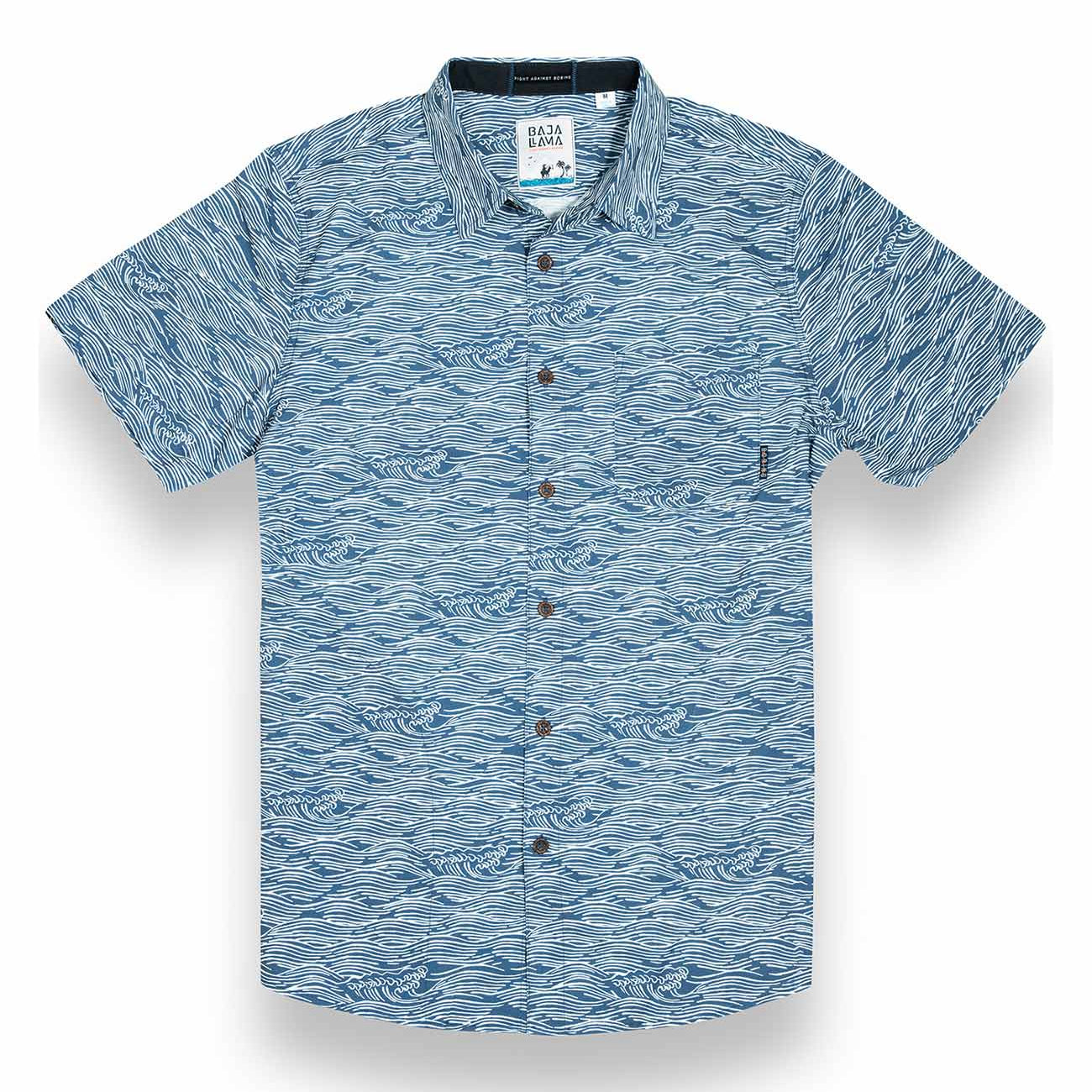 Blue button up shirt with wave print and hidden side zipper pocket