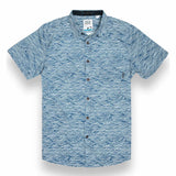 Blue button up shirt with wave print and hidden side zipper pocket