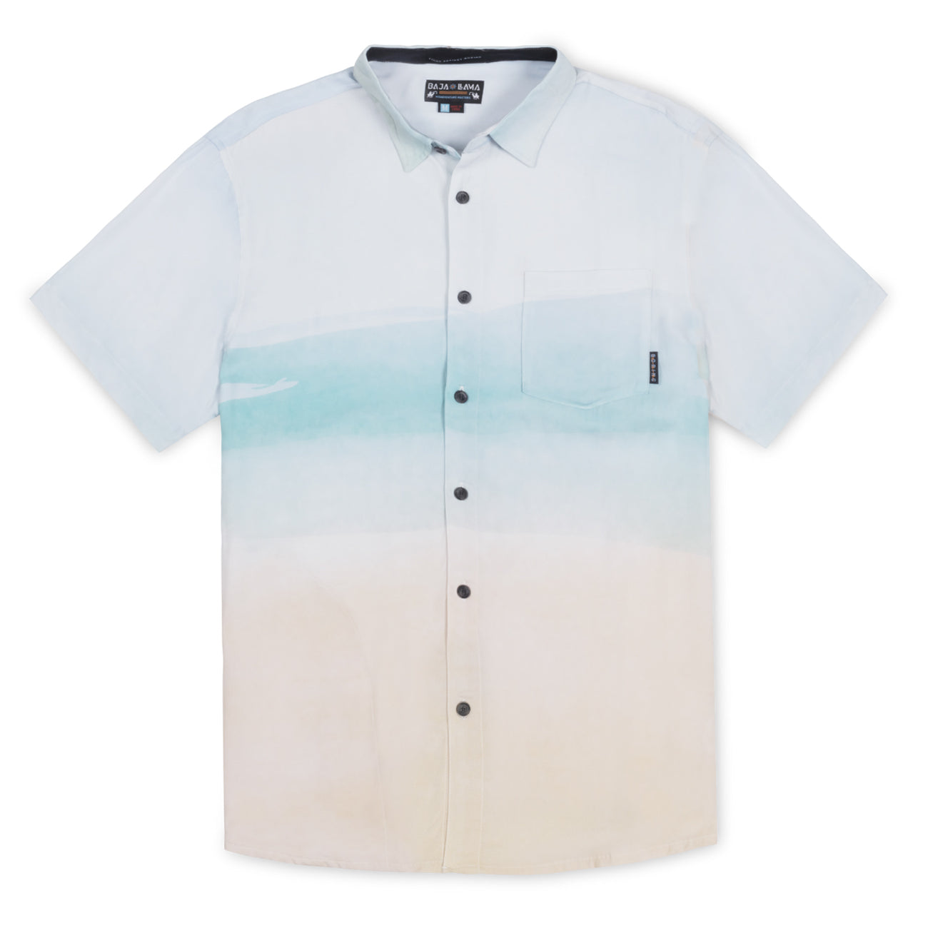 Light blue watercolor gradient button up featuring Bahamas's sandy pink beaches