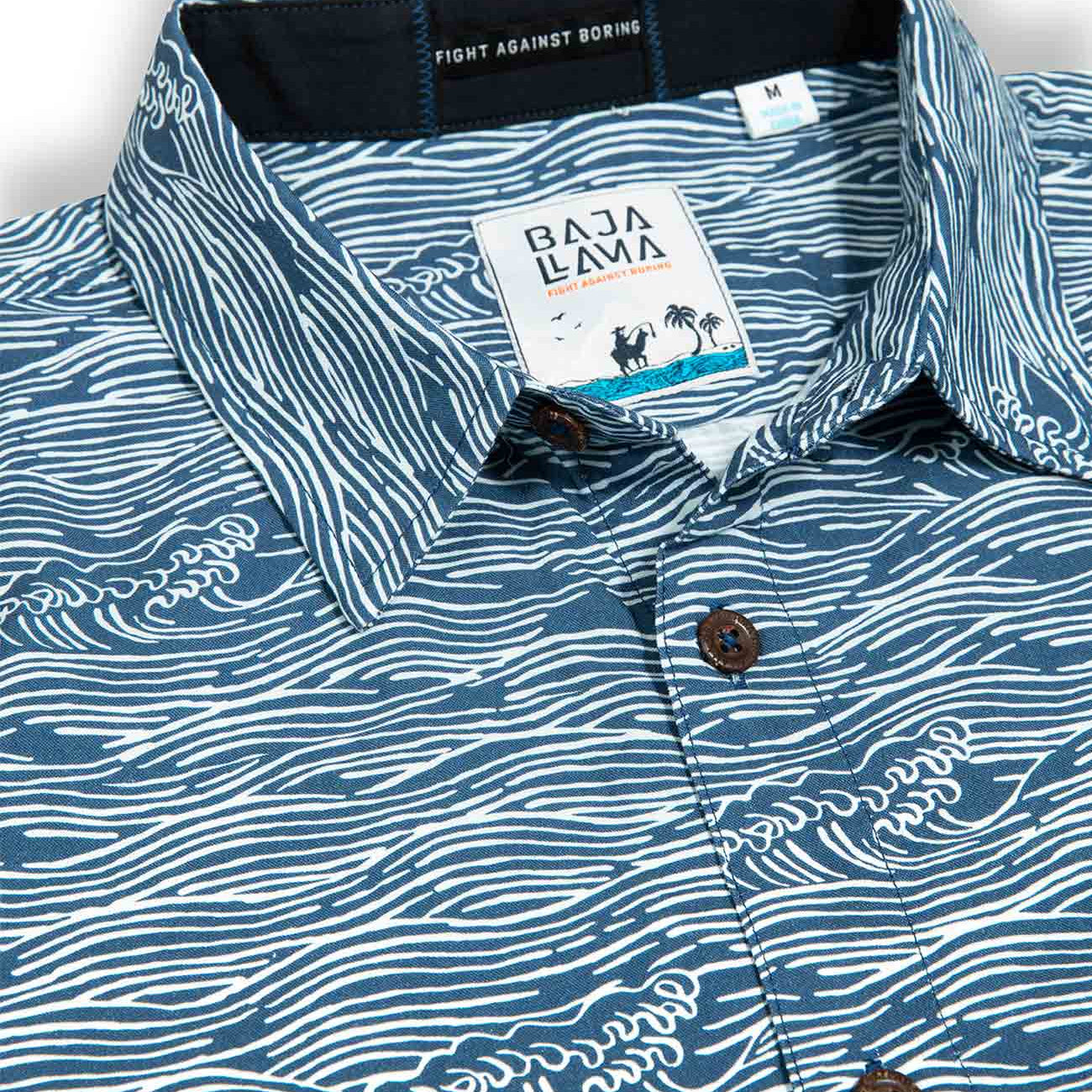 Blue button up shirt with wave print and hidden side zipper pocket