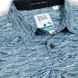 Blue button up shirt with wave print and hidden side zipper pocket