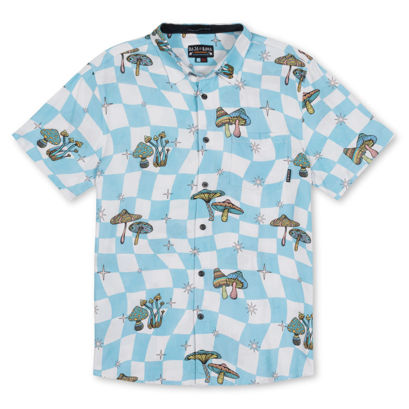 Light Blue checkered button up shirt with psychedelic mushroom print in rainbow colors