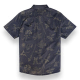 Chocolate and gold button up shirt featuring Peruvian Nazca Lines print