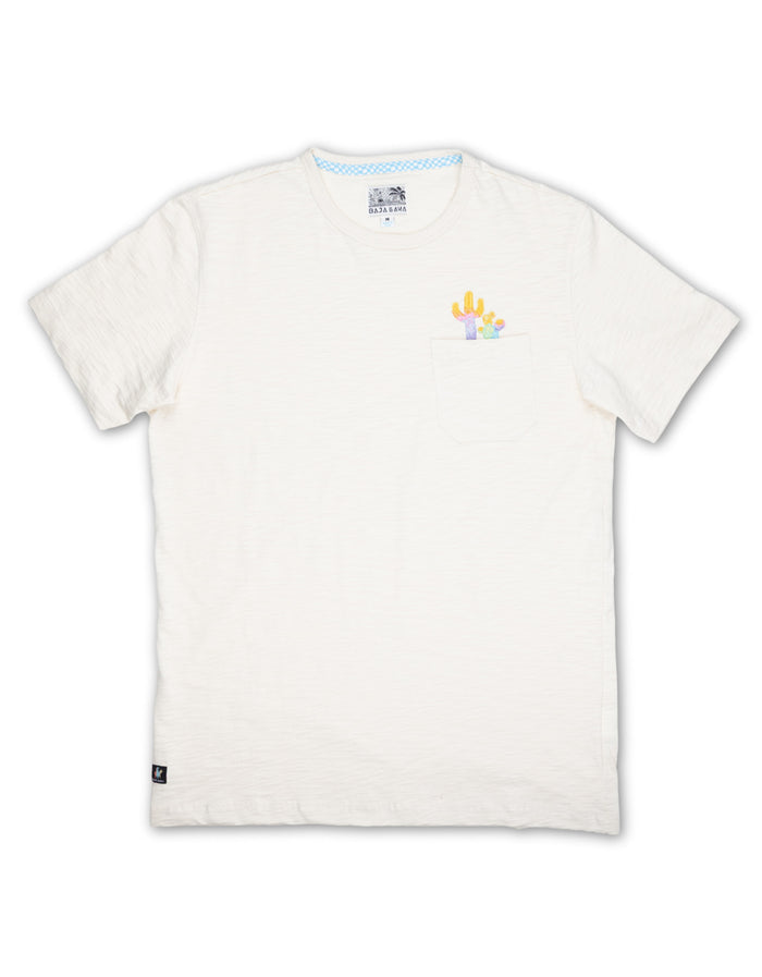 Cream-colored Baja Llama Colorful Cactus Slub Pima Pocket Tee with embroidered cactus detail.