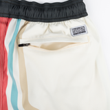 Retro-inspired swim shorts with bold, colorful stripes and a black waistband. Quick-dry fabric and a relaxed fit for ultimate comfort.