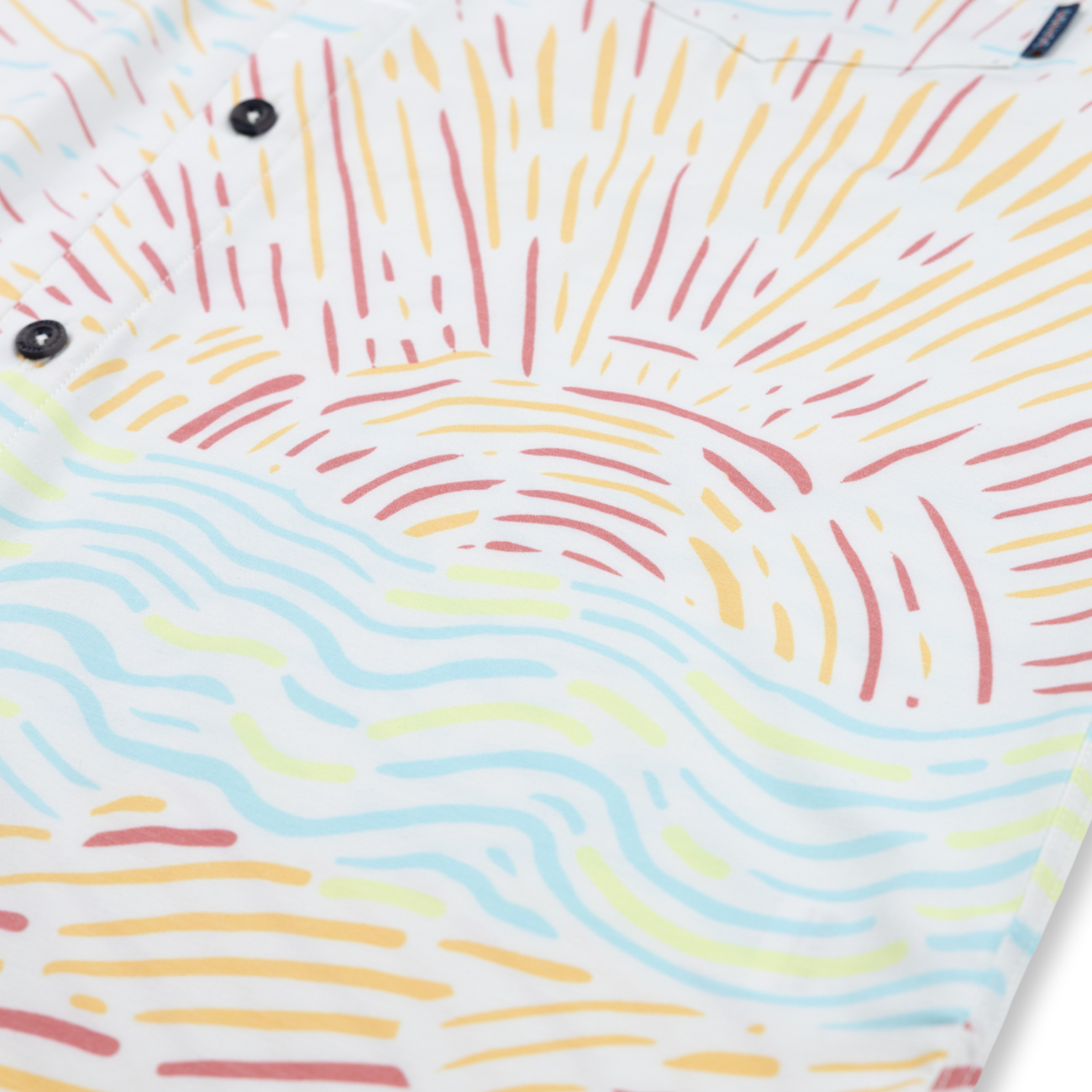Baja Llama Light button-up with soft sunrise line work in pastel tones. Breathable and perfect for morning hangs.