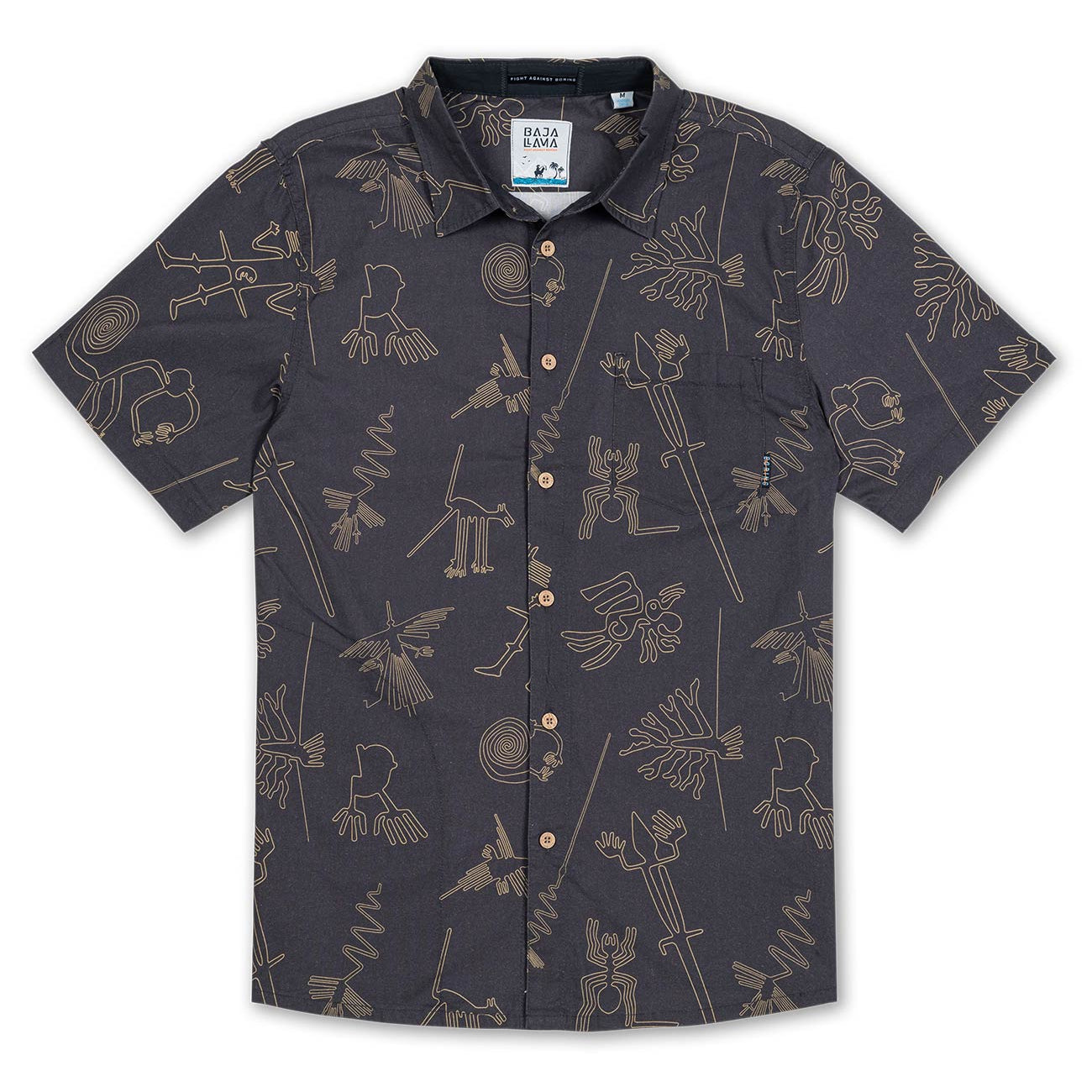 Chocolate and gold button up shirt featuring Peruvian Nazca Lines print