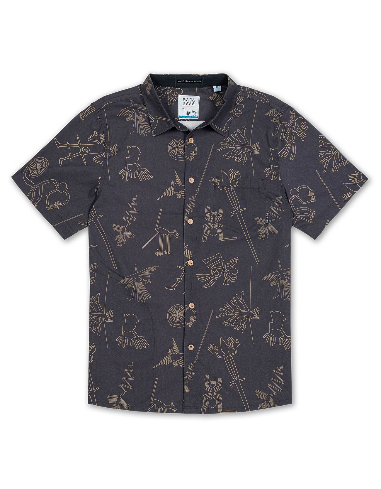 Chocolate and gold button up shirt featuring Peruvian Nazca Lines print