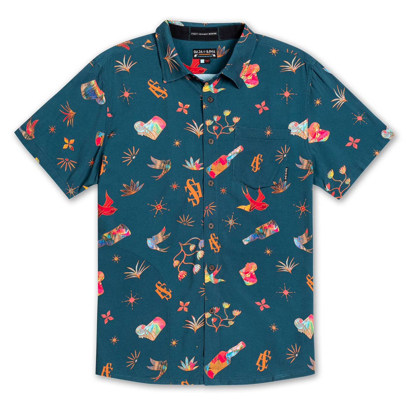 Baja Llama Blue Viscose El Sativo Tequila Button Up