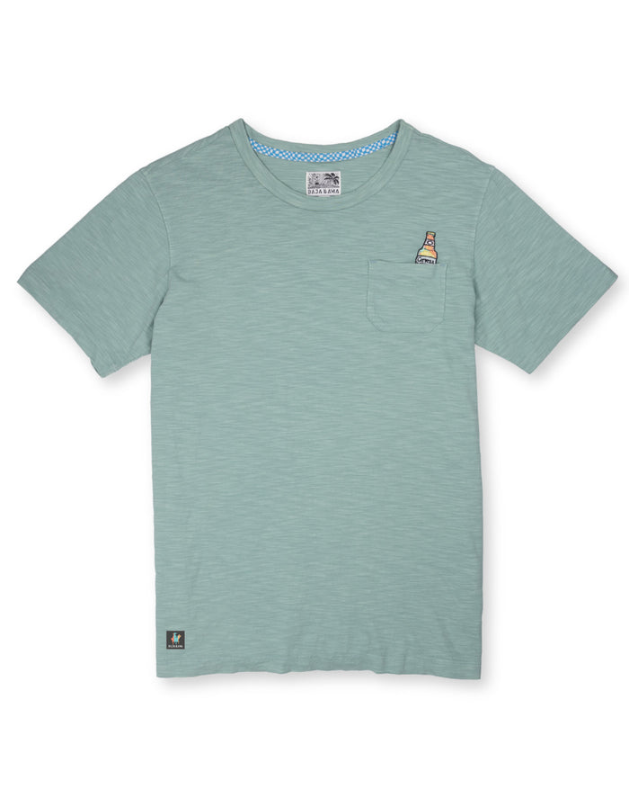 Flat lay of the green Baja Llama Cerveza Slub Pima Pocket Tee, showcasing the soft textured fabric, chest pocket, and embroidered beer bottle detail.