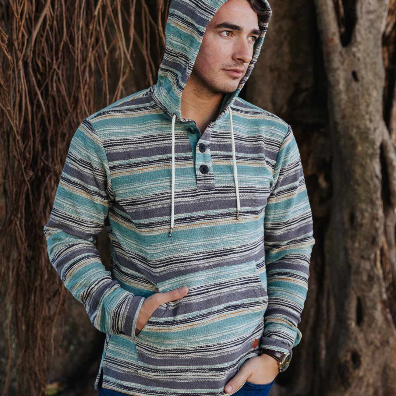 Baja Llama Green and black mexican style cotton poncho