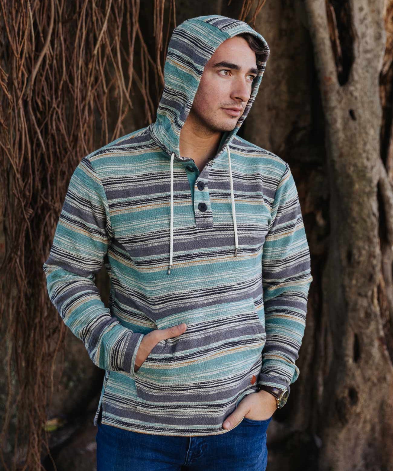 Baja Llama Green and black mexican style cotton poncho