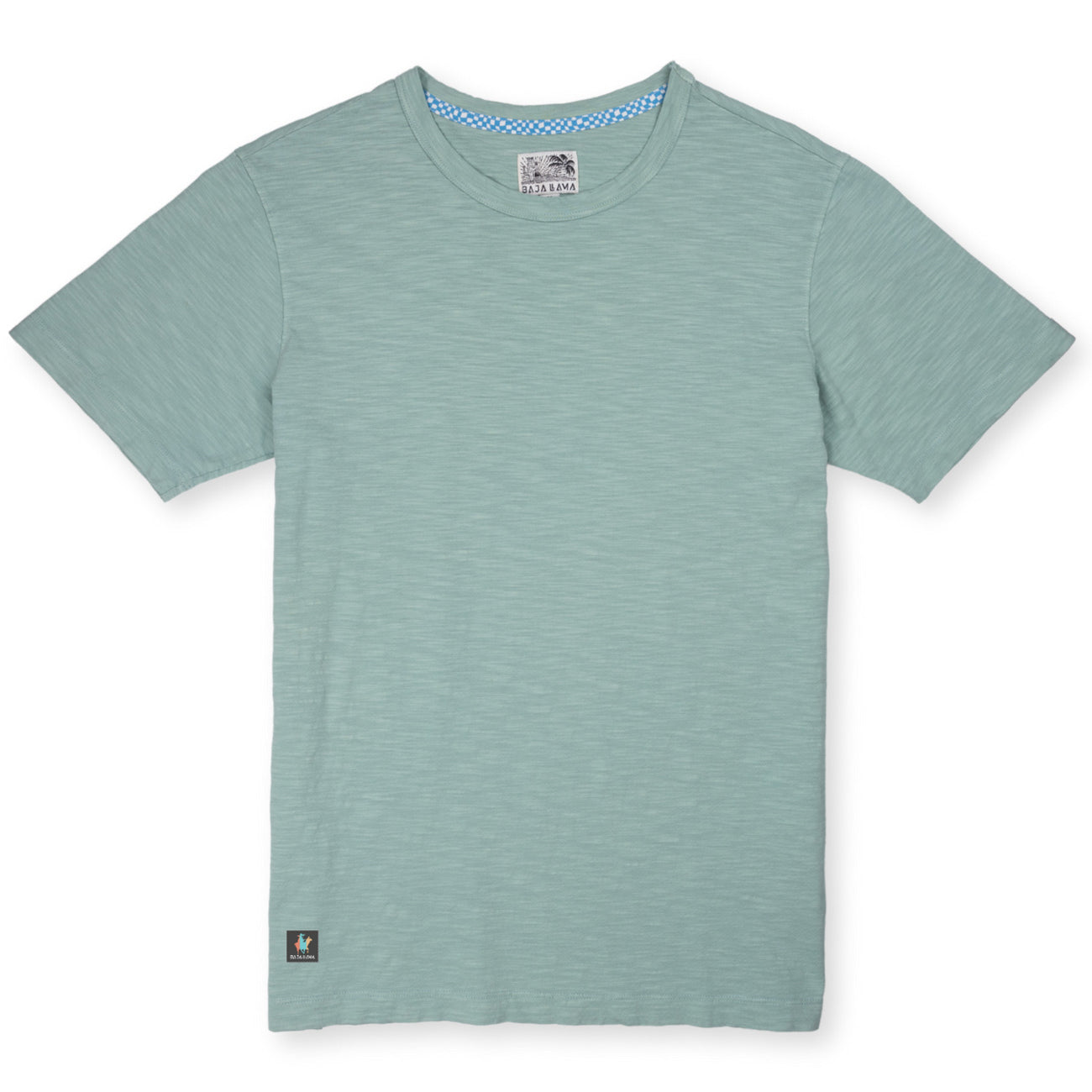 Baja Llama Solid Green Slub Pima Tee – Sage green crewneck T-shirt made from ultra-premium Peruvian cotton with textured slub finish – Features signature Sloth Llama patch near the hem – Displayed flat to highlight breathable fabric, softness, and minimalist design – Eco-friendly, lightweight casual wear for men