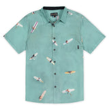 Button up shirt featuring overhead view of surfers and paddleboarders with paint effect.