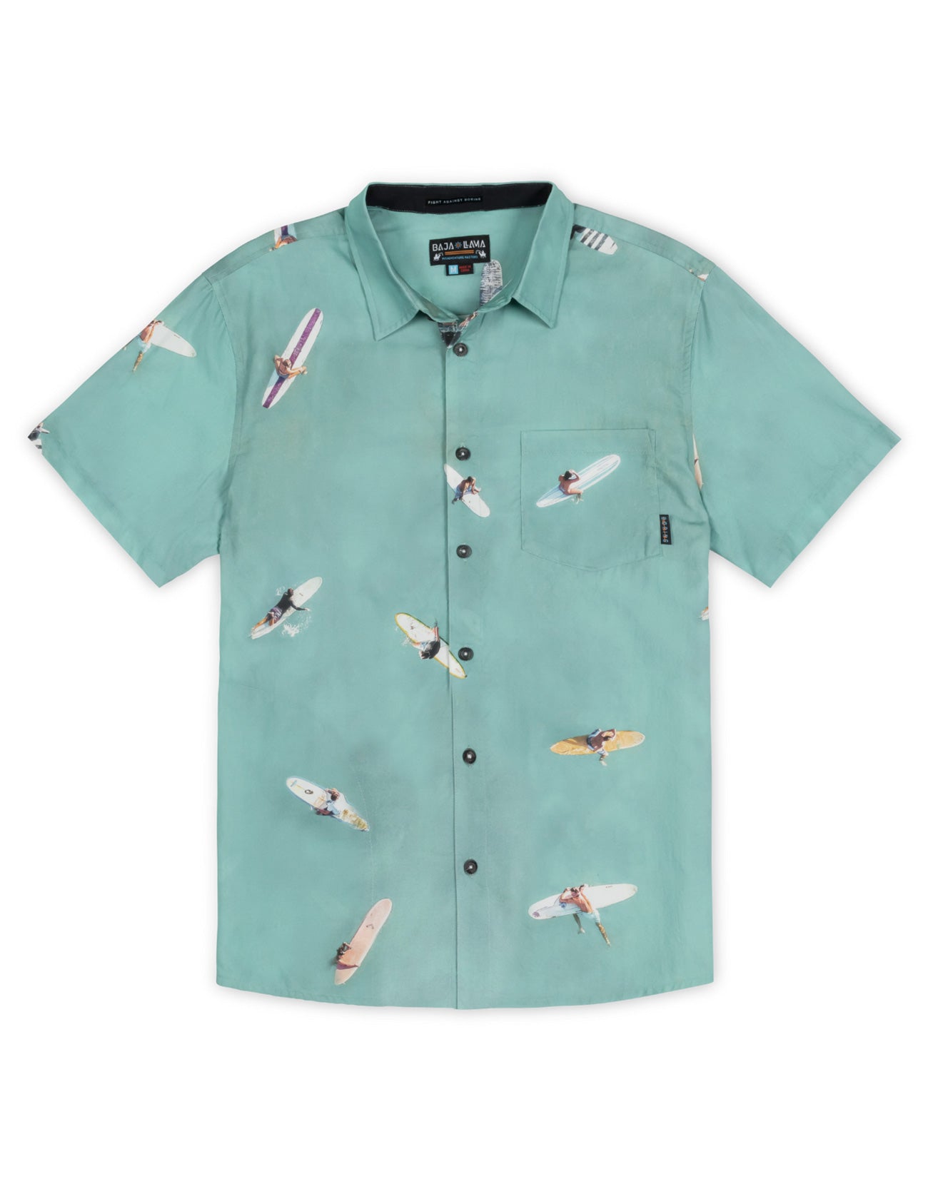 Button up shirt featuring overhead view of surfers and paddleboarders with paint effect.