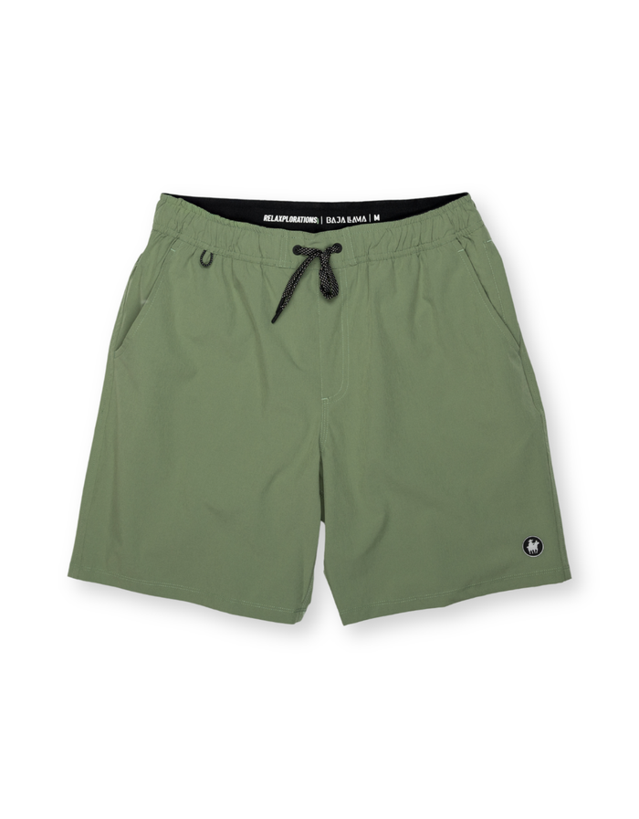 Green shorts with a brand logo on a white background