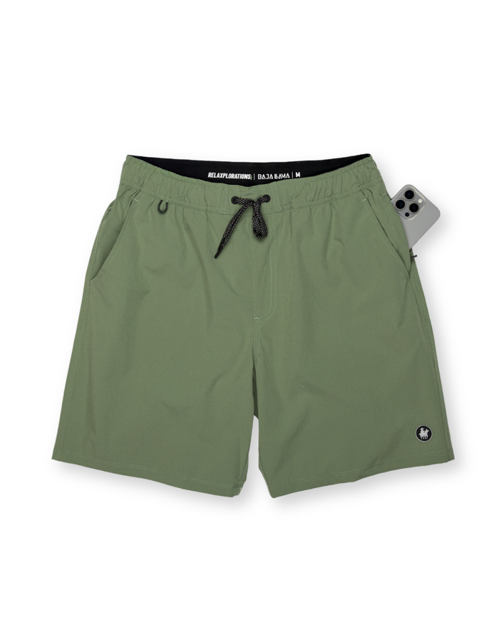 Green shorts with a drawstring on a white background