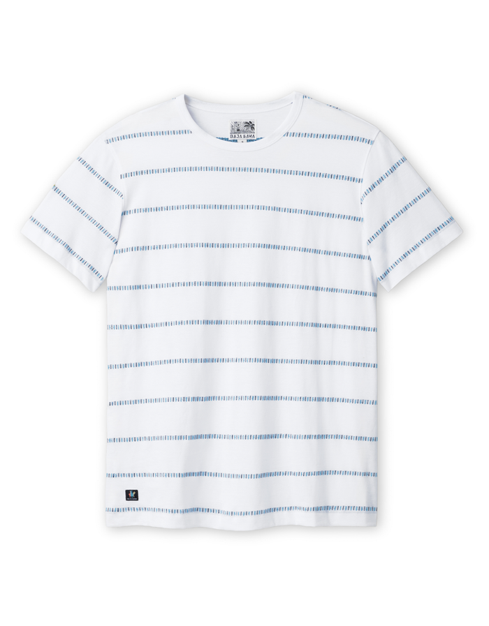 White t-shirt with blue stripes on a white background