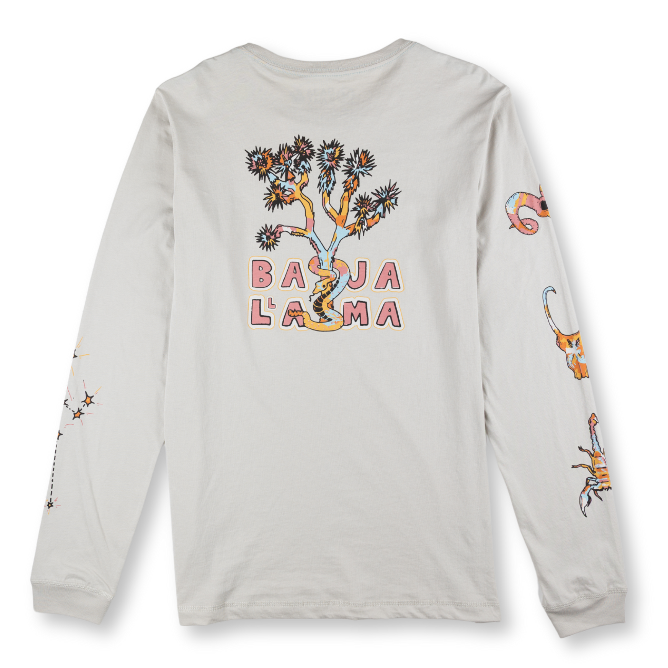 Baja Llama light desert-themed long sleeve tee with snake and Joshua tree back graphic. Soft cotton with printed sleeve details.