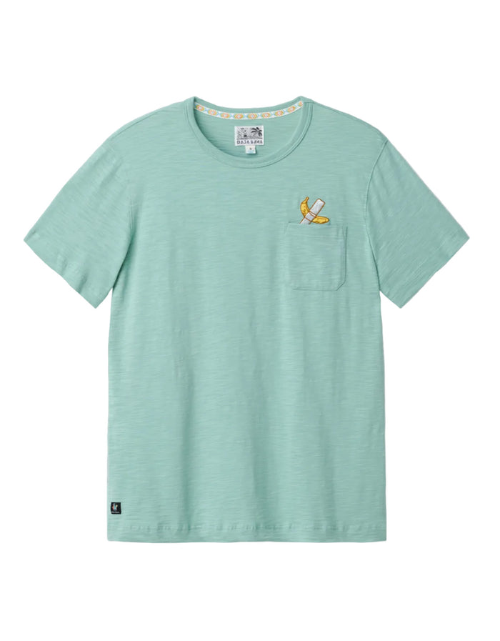Front flat-lay view of the Baja Llama La Banana Embroidered Pima Slub Pocket Tee, featuring a sage green crewneck t-shirt with a playful embroidered banana graphic topped with a left chest pocket