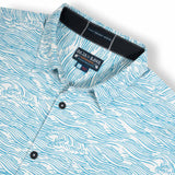 Light blue button up shirt with wave print and hidden side zipper pocket