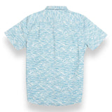 Light blue button up shirt with wave print and hidden side zipper pocket