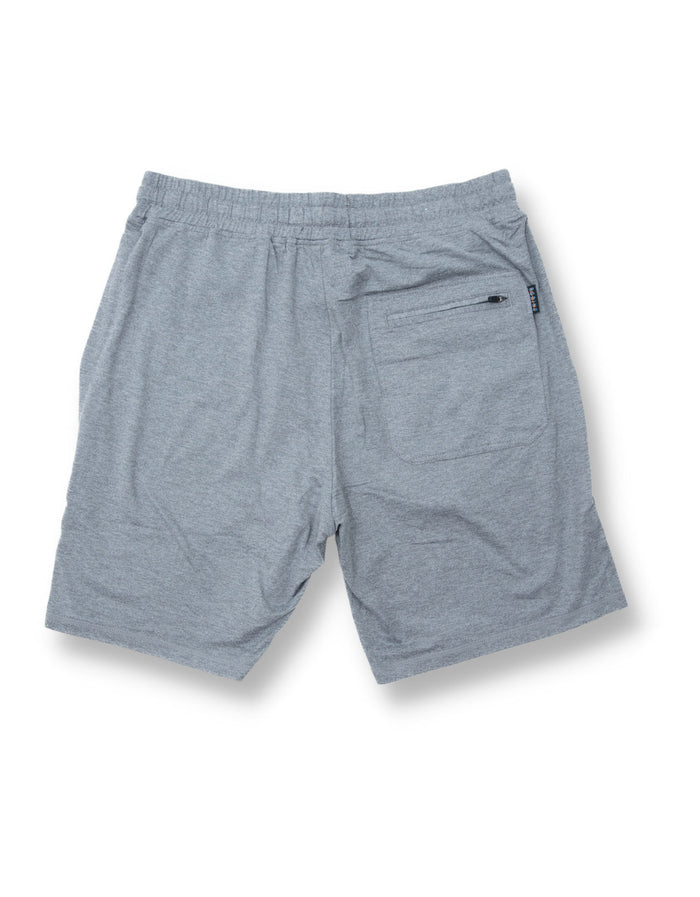 Back view of the Baja Llama Mach Zero Lounge Shorts in gray, featuring an elastic waistband and a convenient zippered back pocket.