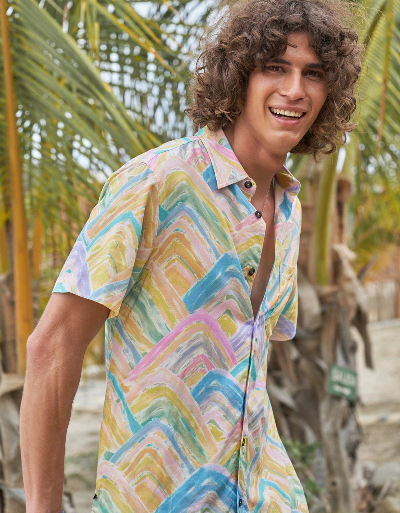 Button up shirt with digitally printed rainbow mountain inspired watercolor design