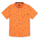 Button up shirt with hand painted watercolor cactus design on orange background.